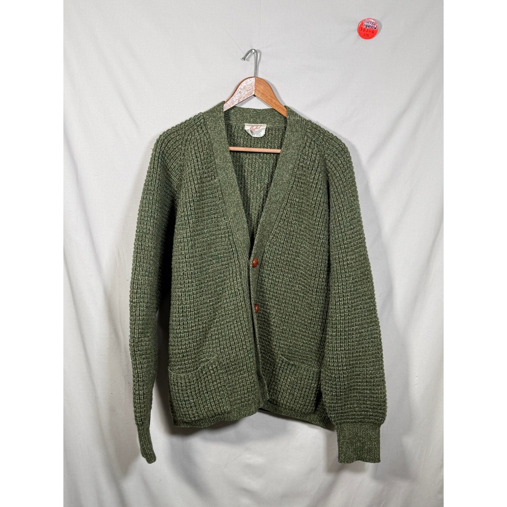 Vintage Byford Hardy Amies Pure Wool Cardigan Sweater Green Waffle Knit England